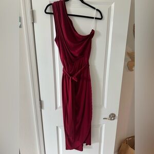 SHEIN One-Shoulder Burgundy Draped Midi Dress with Waist Tie